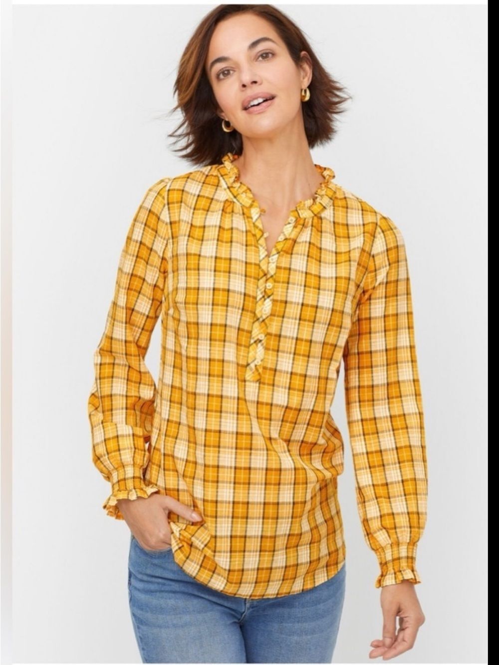 Talbots Ruffle Trim Popover- Yellow Chandelier Plaid Size XS